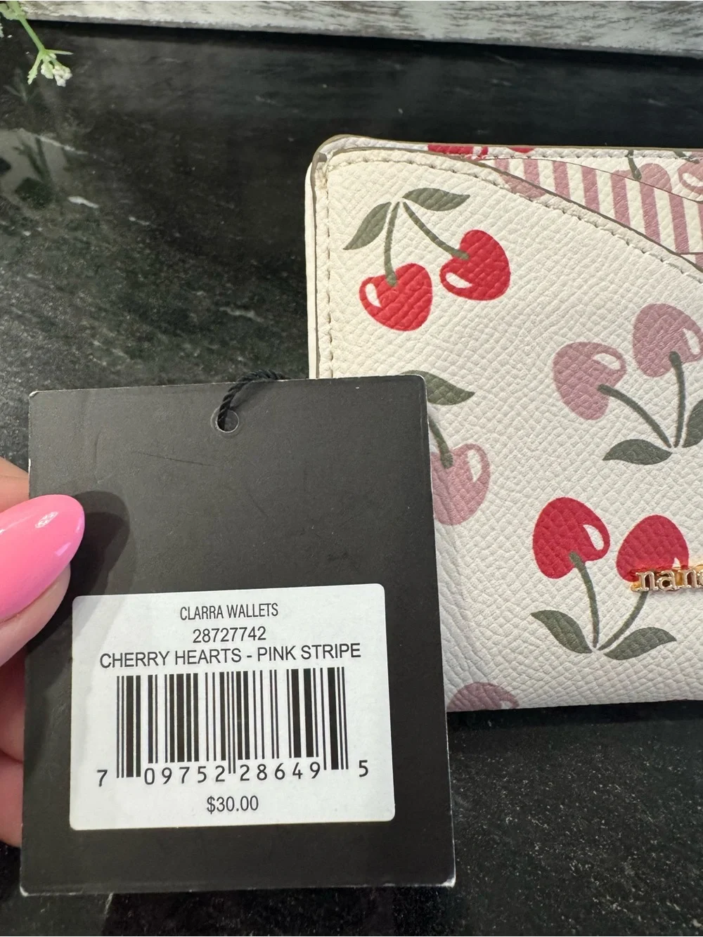 🍒🍃Nanette Lapore Clarra Wallet Cherry Hearts Pink Stripe NWT Bifold Wallet - Picture 7 of 7
